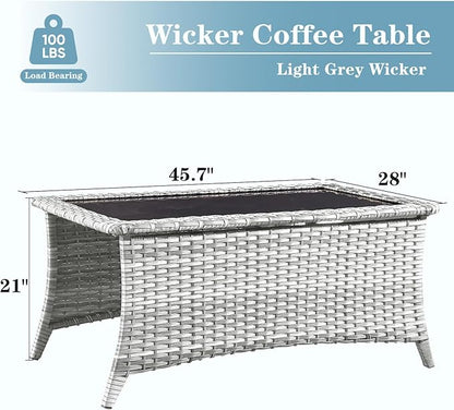 Wicker Outdoor Coffee Table - 46 Inch Tempered Glass Top Patio Coffee Table Can Storage 2 Ottomans, Rattan Outdoor Table Rectangle for Patio for Porch, Balcony, Deck and Garden - Light Gray