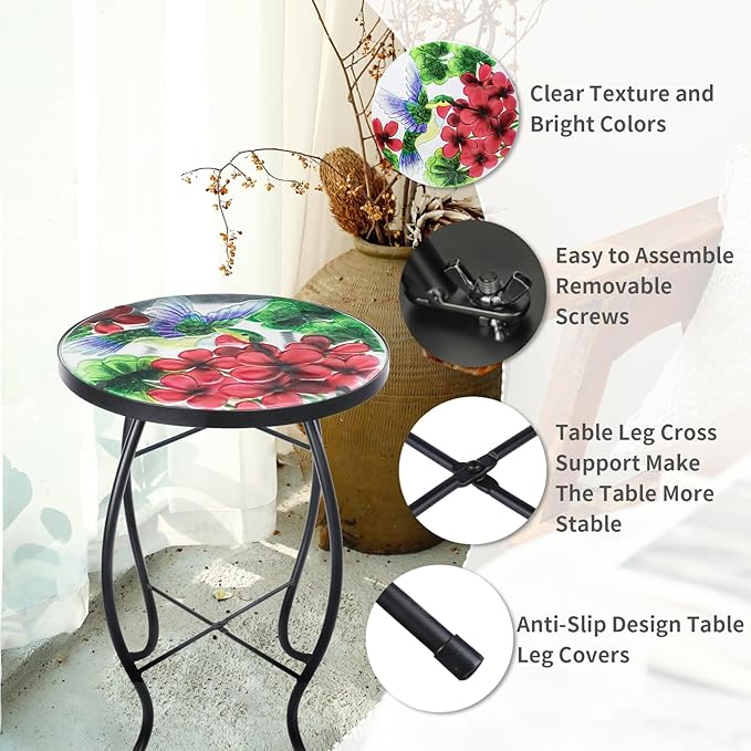 VCUTEKA Patio Side Table Outdoor Accent Table Small Mosaic Tables Coffee End Porch Tables Indoor Outdoor Round Glass Balcony Bistro Plant Stand Hummingbird Poppy 14 inches