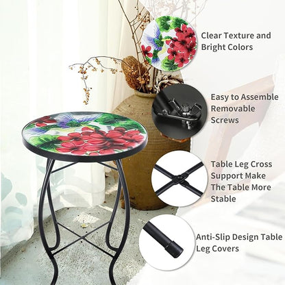 VCUTEKA Patio Side Table Outdoor Accent Table Small Mosaic Tables Coffee End Porch Tables Indoor Outdoor Round Glass Balcony Bistro Plant Stand Hummingbird Poppy 14 inches