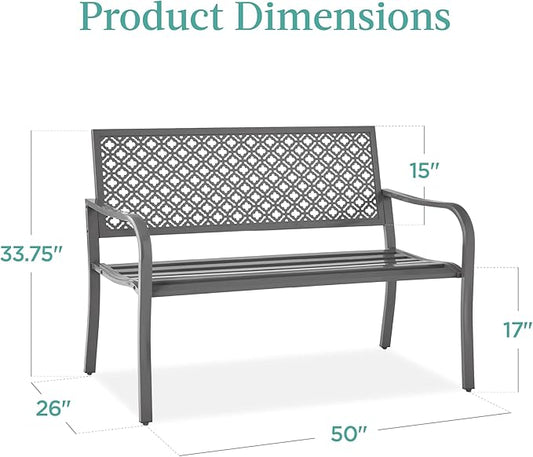 Best Choice Products Outdoor Bench 2-Person Metal Steel Benches Furniture for Garden, Patio, Porch, Entryway w/Geometric Backrest, 790lb Capacity – Gray