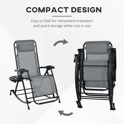 Outsunny Set of 2 Outdoor Rocking Chairs, Foldable Reclining Zero Gravity Lounge Rocker with Pillow, Cup & Phone Holder, Combo Design with Folding Legs, Gray