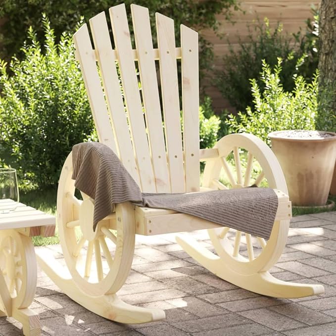 Brown Solid Fir Wood Rocking Adirondack Chair Medium Ergonomic Design for Outdoor Patio Garden Relaxation with Slanted Back and Wide Armrests
