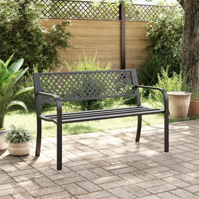 Black Steel Garden Bench 47 Inches Wide Durable Outdoor Seating for Patio Backyard Modern Design Powder Coated Weather Resistant