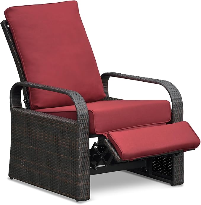 ATR ART TO REAL Outdoor Recliner, Set of 2 Wicker Reclining Chair with Coffee End Side Table, Aluminum Frame Patio Chaise Lounge Chairs with Thicken Cushions (Red)