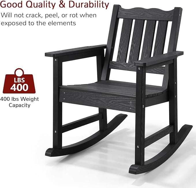 Stoog 3-Piece Patio Rocking Chairs with Table Set, All-Weather Porch Rocker with 400 lbs Support, Never Fade or Rot, Include 2 Rocking Chairs and 1 Side Table, Black