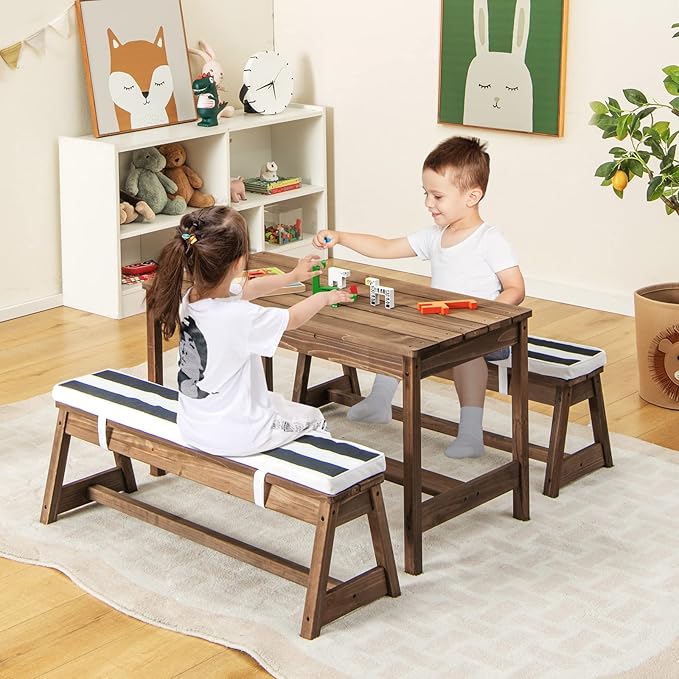 HONEY JOY Kids Picnic Table, Outdoor Wooden Table & Bench Set w/Removable Cushions and Umbrella, Stripe Fabric - Photo 8