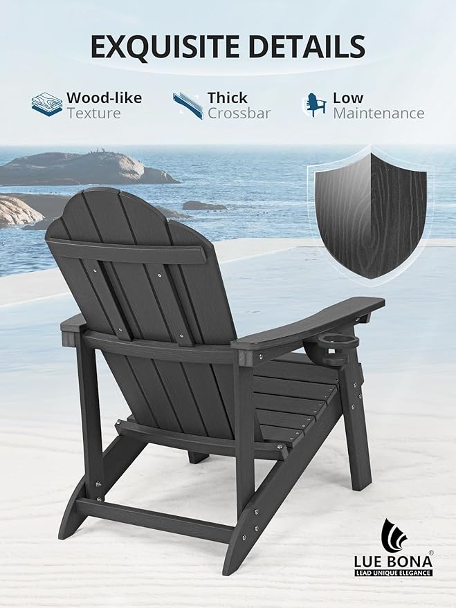 LUE BONA HDPE Adirondack Chairs Set of 8 - Weather Resistant Outdoor Seating with Cup Holder, Ideal for Patio, Deck - Photo 4