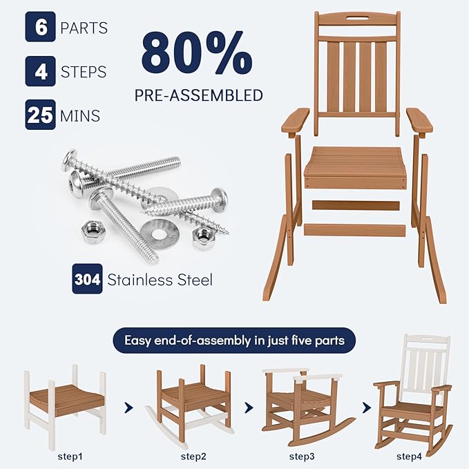 Plawdlik Oversized Outdoor Rocking Chair - All-Weather Resistant,HDPE Heavy Duty Patio Rockers with High Back - Perfect for Porch,Garden,Modern Style Set of 2-Teak