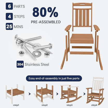Plawdlik Oversized Outdoor Rocking Chair - All-Weather Resistant,HDPE Heavy Duty Patio Rockers with High Back - Perfect for Porch,Garden,Modern Style Set of 2-Teak