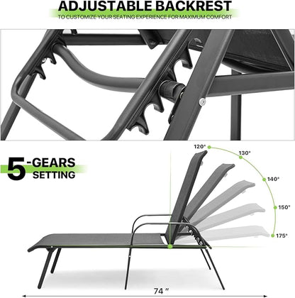 Magshion Outdoor Chaise Lounge Chair Set of 2, Patio Pool Lounger Chairs with 5 Position Adjustable Backrest, Tanning Recliner for Sunbathing, Beach, Deck, Lawn, Yard, Balcony, Poolside, Black