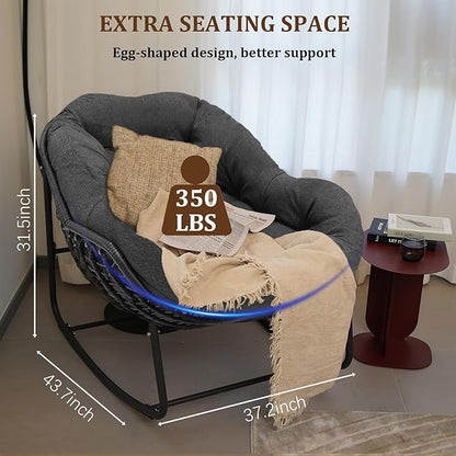 Oversized Rattan Rocking Chair Outdoor, Papasan Chair Rocking, Outdoor Rocking Chair with Padded Cushion, Outdoor Wicker Rocking Chair for Front Porch, Garden, Patio (Dark Grey)