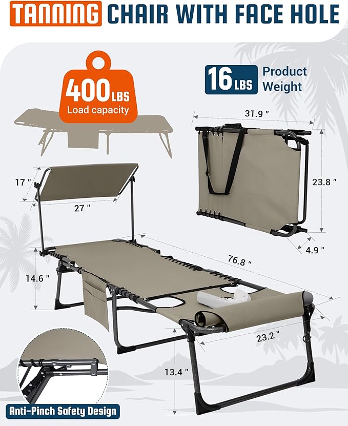 KingCamp Lounge Chair with face Hole & Canopy Shade, 400LBS Folding Portable Tanning Chair with face Hole, Adjustable 5-Position Foldable Beach Sun Tanning Chair for Outside Beach Patio Outdoor Pool