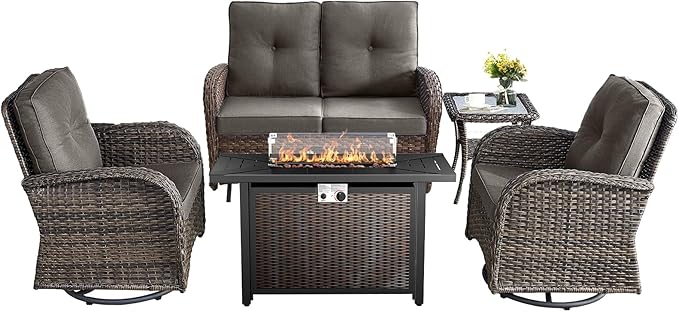 5 Pieces Patio Furniture Set with Fire Pit Table-All Weather Rattan Wicker Outdoor Glider Bench with Outdoor Swivel Chair Outdoor Furniture for Deck Porch Garden Balcony Poolside-Brown/Grey