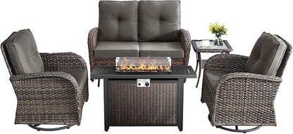 5 Pieces Patio Furniture Set with Fire Pit Table-All Weather Rattan Wicker Outdoor Glider Bench with Outdoor Swivel Chair Outdoor Furniture for Deck Porch Garden Balcony Poolside-Brown/Grey