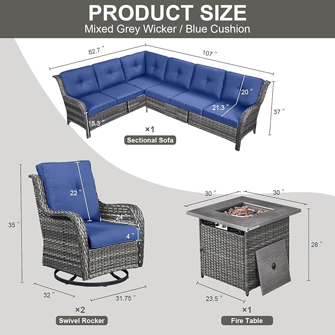 Belord Patio Furniture Set with Fire Pit Table, Outdoor Swivel Rocker Patio Chairs, Oversized Outdoor Sectional Couch - Photo 2
