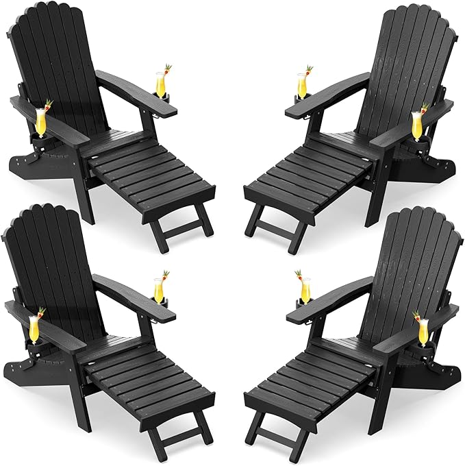 ZHUSI Folding Adirondack Chairs Set of 4 with Retractable Ottoman, Adjustable Adirondack Chair with 2 Cup Holders - Photo 1