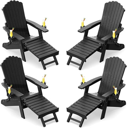 ZHUSI Folding Adirondack Chairs Set of 4 with Retractable Ottoman, Adjustable Adirondack Chair with 2 Cup Holders, Outdoor Chairs for Porch Patio Lawn Balcony Weather Resistant, Black