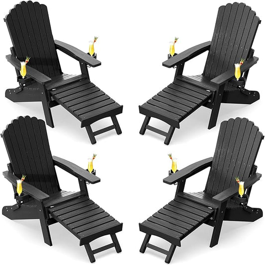 ZHUSI Folding Adirondack Chairs Set of 4 with Retractable Ottoman, Adjustable Adirondack Chair with 2 Cup Holders, Outdoor Chairs for Porch Patio Lawn Balcony Weather Resistant, Black