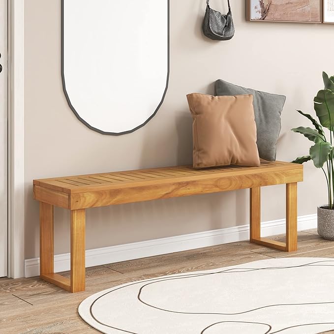 COSTWAY 52” Outdoor Narrow Bench, Backless Acacia Wood Bench for Patio, Park, Garden & Front Porch