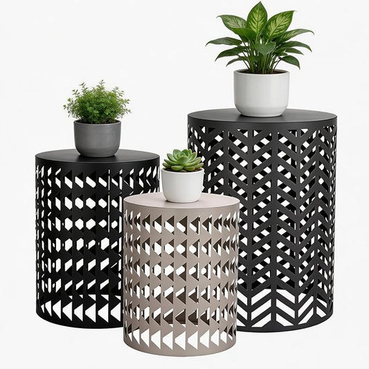 Outdoor Side Table, 3 Piece Garden Stool Set, Decorative Metal Side Table Stools, Stackable Patio Coffee Tables for Balcony, Garden, Indoor Living Room