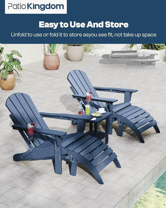 Adirondack Chair with Footrest and Table Set,Folding Chair with Retractable Ottoman,HDPE All Weather Fire Pit Chair with Cup Holder,5-Piece(Navy Blue, 2 Chair & 2 footrest & 1 Table)