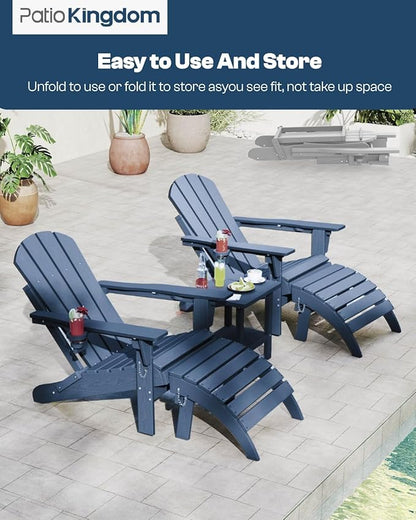 Adirondack Chair with Footrest,Folding Adirondack Chair with Retractable Ottoman,HDPE All Weather Fire Pit Chair with Cup Holder,2-Piece (Navy Blue, 1 Chair &1 footrest)