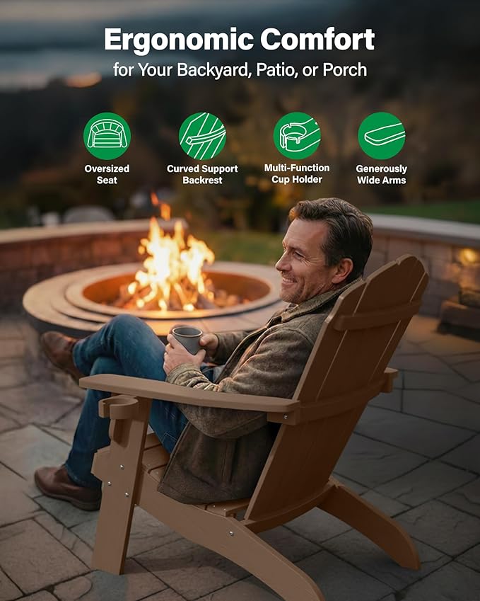 YEFU Oversized Plastic Adirondack Chair with Cup-Holder (Large Dual-Purpose), Weather Resistant, Poly Lumber Outdoor Chairs Duty Rating Widely Used in Patio, Lawn, Outside, Deck, Garden Chairs-Teak