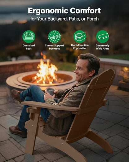 YEFU Oversized Plastic Adirondack Chair with Cup-Holder (Large Dual-Purpose), Weather Resistant, Poly Lumber Outdoor Chairs Duty Rating Widely Used in Patio, Lawn, Outside, Deck, Garden Chairs-Teak