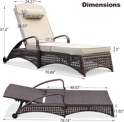 NOBLEMOOD Chaise Lounge Outdoor Wicker Lounge Chair with Wheels, Adjustable 6 Position Pool Reclining Chair with Gray Thickened Fabric Cushion & Pillow, Pack of 6