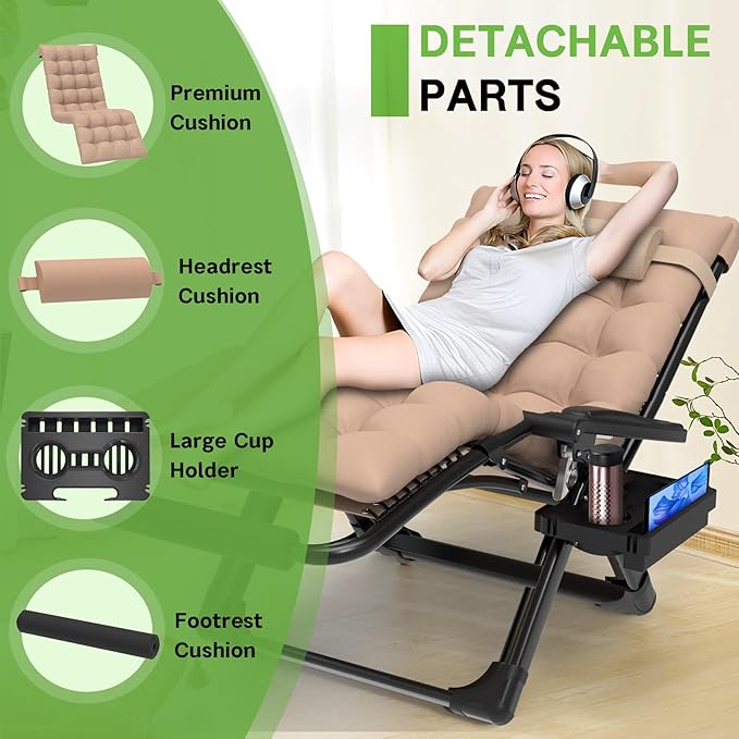 ZENPETIO 29In XL Zero Gravity Chair w/Cushion, Zero Gravity Recliner Lounge Chair for Indoor and Outdoor - Photo 4