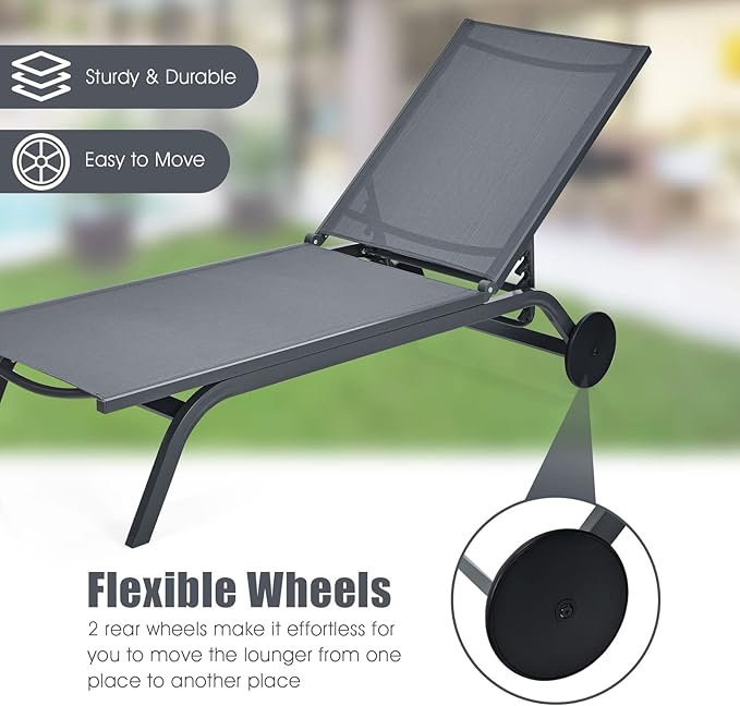 Tangkula Outdoor Aluminum Chaise Lounge, Patio Lounge Recliner Chair w/6 Adjustable Backrest, Reclining Chaise Chair with Wheels for Beach, Yard, Balcony, Poolside (1, Gray)