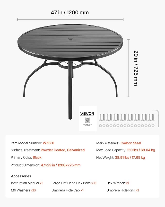 VEVOR Outdoor Patio Dining Table, 47 inch Round Metal Steel Slat Backyard Bistro Tables, with 1.5 in Umbrella Hole - Photo 3