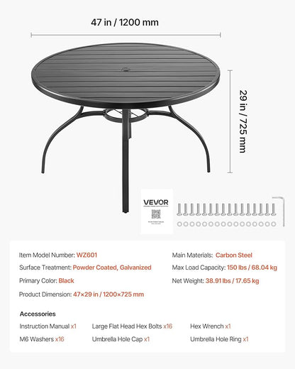 VEVOR Outdoor Patio Dining Table, 47 inch Round Metal Steel Slat Backyard Bistro Tables, with 1.5 in Umbrella Hole, Outside All-Weather Large Furniture for Lawn Garden Porch, Black