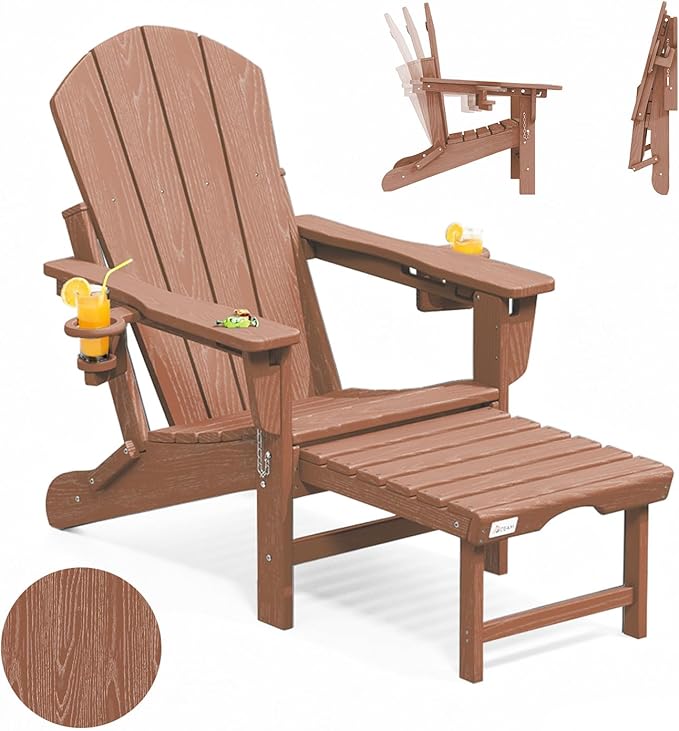 Mdeam Folding Adirondack Chair with 3-Level Adjustable Backrest, Weather-Resistant, 2 Cup Holders, Retractable Ottoman, Perfect for Patio, Garden, Backyard, Lawn, and Outdoor Use (Teak)