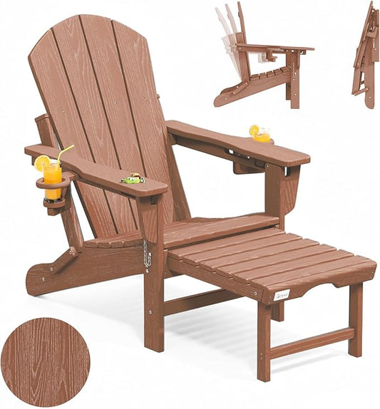 Mdeam Folding Adirondack Chair with 3-Level Adjustable Backrest, Weather-Resistant, 2 Cup Holders, Retractable Ottoman, Perfect for Patio, Garden, Backyard, Lawn, and Outdoor Use (Teak)