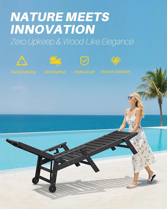 HDPE Patio Lounge Chair Set of 2, 78.4'' Outdoor Poly Lounge Chairs, 5-Position Adjustable Outdoor Lounger with Wheels & Cup Holder, HDPE Patio Chaise Lounges for Deck, Beach, Obsidian