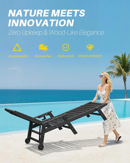HDPE Patio Lounge Chair Set of 2, 78.4'' Outdoor Poly Lounge Chairs, 5-Position Adjustable Outdoor Lounger with Wheels & Cup Holder, HDPE Patio Chaise Lounges for Deck, Beach, Obsidian