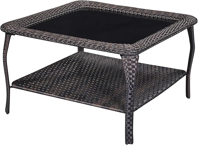 Rilyson Patio Tables Outdoor Coffee Table - Wicker Rattan Coffee Tables with 2-Tier Storage Shelf Glass Top for Proch Deck Balcony Garden Squre Brown