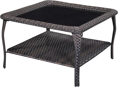 Rilyson Patio Tables Outdoor Coffee Table - Wicker Rattan Coffee Tables with 2-Tier Storage Shelf Glass Top for Proch Deck Balcony Garden Squre Brown