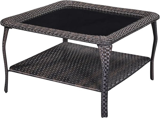 Rilyson Patio Tables Outdoor Coffee Table - Wicker Rattan Coffee Tables with 2-Tier Storage Shelf Glass Top for Proch Deck Balcony Garden Squre Brown