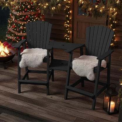 Tall Adirondack Chairs Set of 2, HDPE Outdoor Adirondack Chairs with Double Connecting Tray, Bar Height High Back Patio Chairs for Balcony, Deck, Backyard (Black, 2-PC Bar Chair Set)