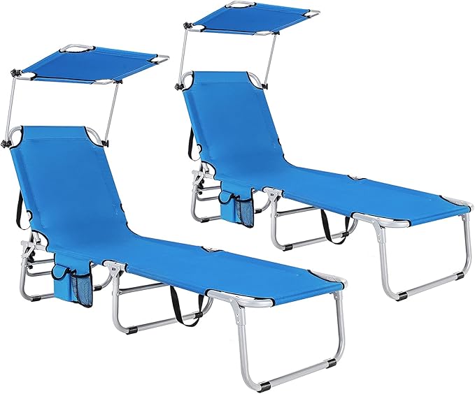 Goplus Tanning Chair, Foldable Beach Lounge Chair with 360°Canopy Sun Shade, Side Pocket, 5-Position Adjustable Outdoor Chaise Lounge Chair for Patio Pool Yard Lawn (2, Blue)