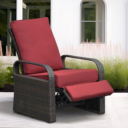 ATR ART TO REAL Outdoor Recliner, Outdoor Resin Wicker Patio Recliner Chair with 5.5'' Cushions, Patio Furniture Auto Adjustable Rattan Sofa, UV/Fade/Water/Sweat/Rust Protected, Easy to Assemble (Red)