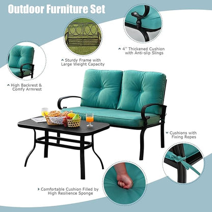 RELAX4LIFE Patio Loveseat with Coffee Table - 2-Piece Patio Conversation Sofa Set w/Backrest & Cushions, Modern Outdoor Glider Bench for Garden, Backyard, Poolside, Metal Porch Furniture (Turquoise)