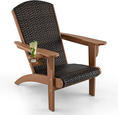 Tangkula Patio Wicker Adirondack Chair, HDPE Lounge Chair w/Rattan Padded Seat & Back, Wide Armrests & Hidden Cupholder, Outdoor All-Weather Adirondack Fire Pit Chair for Backyard, Lawn (1, Coffee)