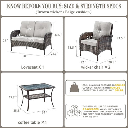 Belord Outdoor Wicker Loveseat Furniture Set of 4 with Coffee Table for Porch Deck Balcony, 4 Pieces Rattan Outdoor Conversation Sets Include 2 Club Chairs 1 Loveseat Couch 1 Coffee Table Brown/Beige