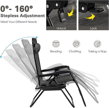 Goplus Zero Gravity Lounge Chairs, 160°Adjustable Folding Recliner w/Pillow and Cup Holder, 350LBS Comfy Outdoor Lounge Chairs for Patio, Lawn, Yard & Camp(Set of 2, Gray)