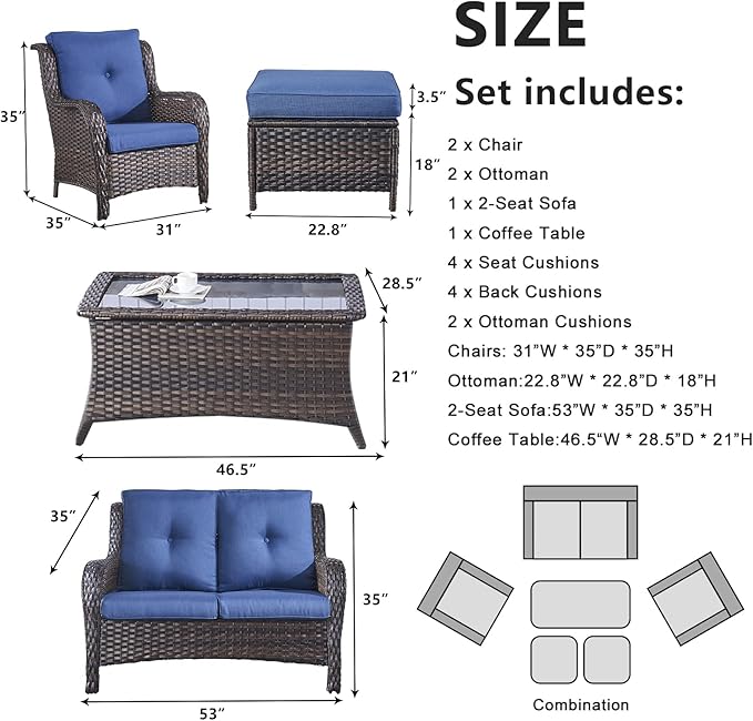Belord 6 Pieces Patio Furniture Set Outdoor Wicker Furniture, 2 Patio Wicker Chairs with 1 Loveseat Sofa, Coffee Table and Ottomans, Patio Conversation Set for Porch Garden Deck Balcony Poolside