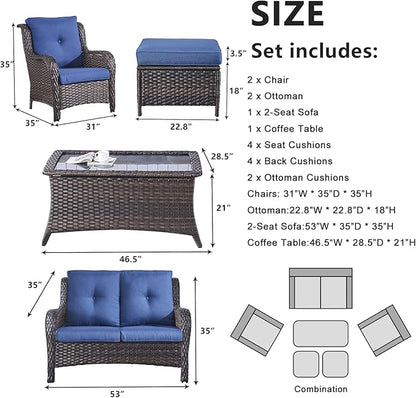 Belord 6 Pieces Patio Furniture Set Outdoor Wicker Furniture, 2 Patio Wicker Chairs with 1 Loveseat Sofa, Coffee Table and Ottomans, Patio Conversation Set for Porch Garden Deck Balcony Poolside