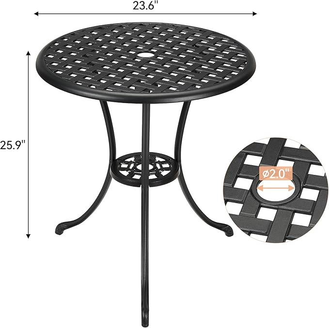 24 Inch Round Cast Aluminum Bistro Table - Outdoor Patio Coffee Table with Umbrella Hole - Photo 3